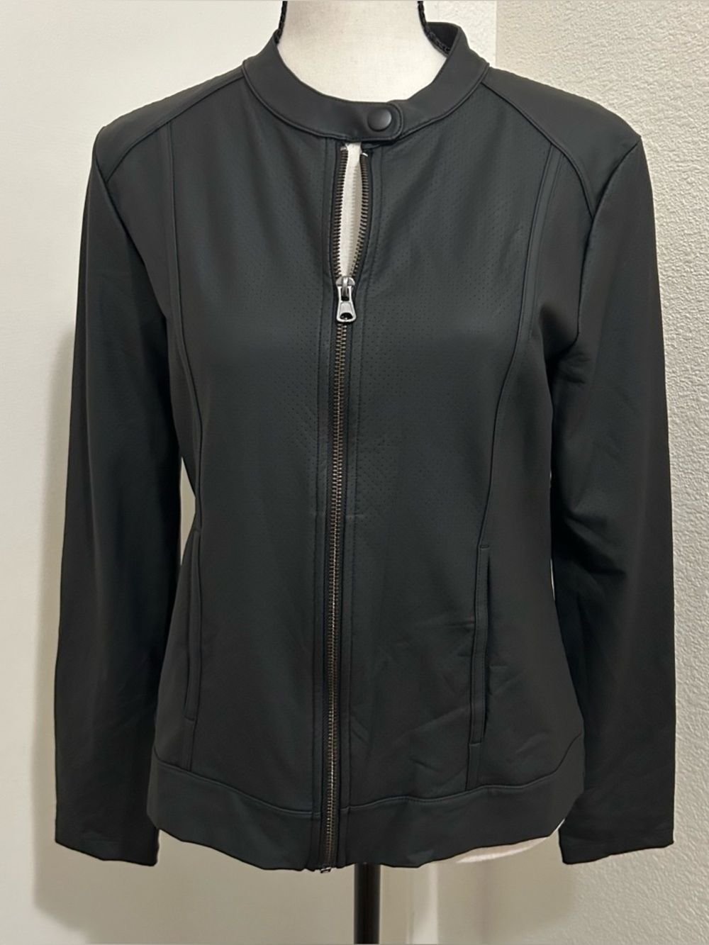 Perforated Faux Leather Moto Jacket Black Full Zip Mock Neck Minimalist Biker S